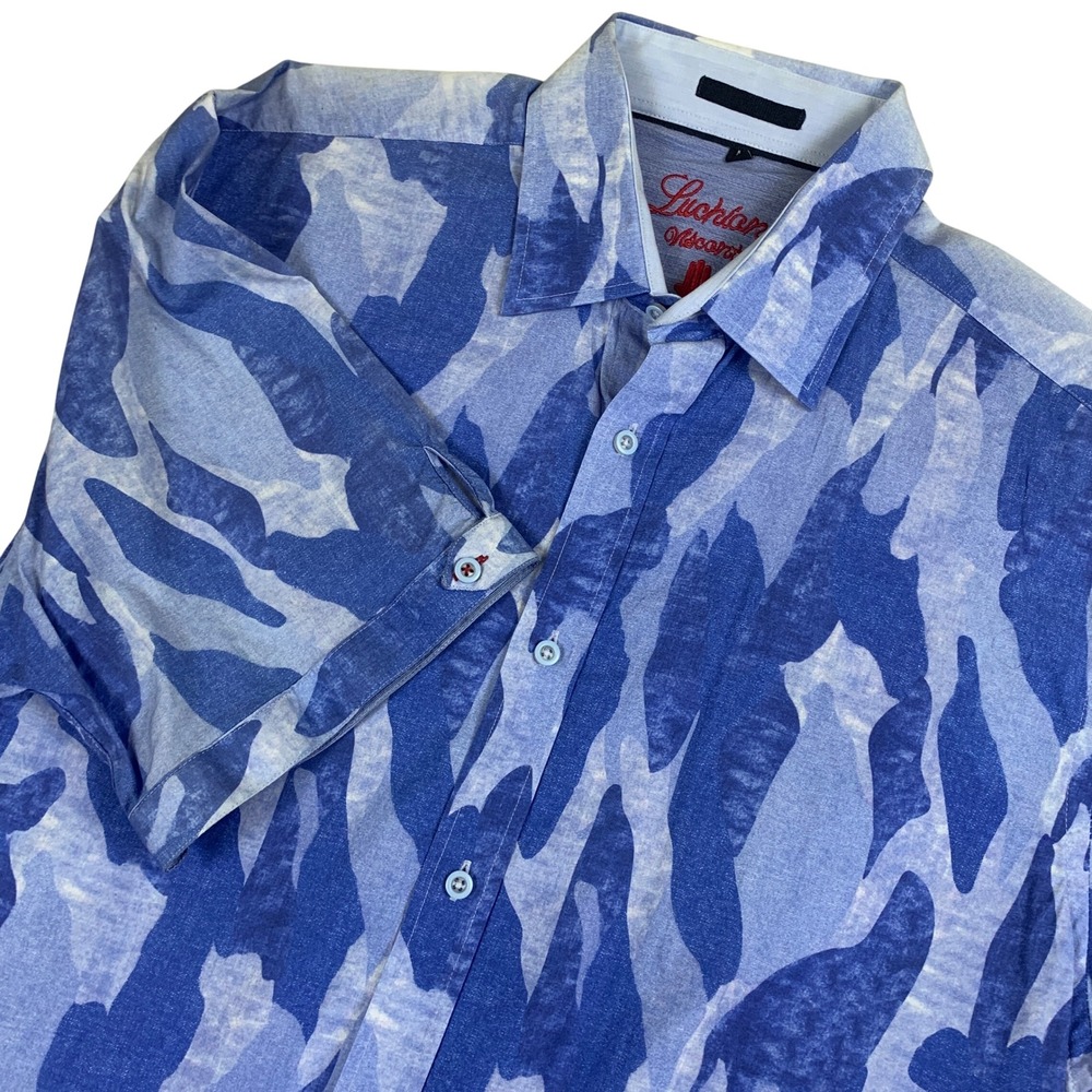 Luchiano Visconti Mens Blue Abstract Camo Short Sleeve Cotton Button Dwn Shirt M
